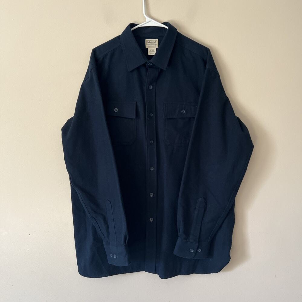 LL Bean Shirt Mens XL Reg Blue Navy Chamois Flannel Button Up Vintage